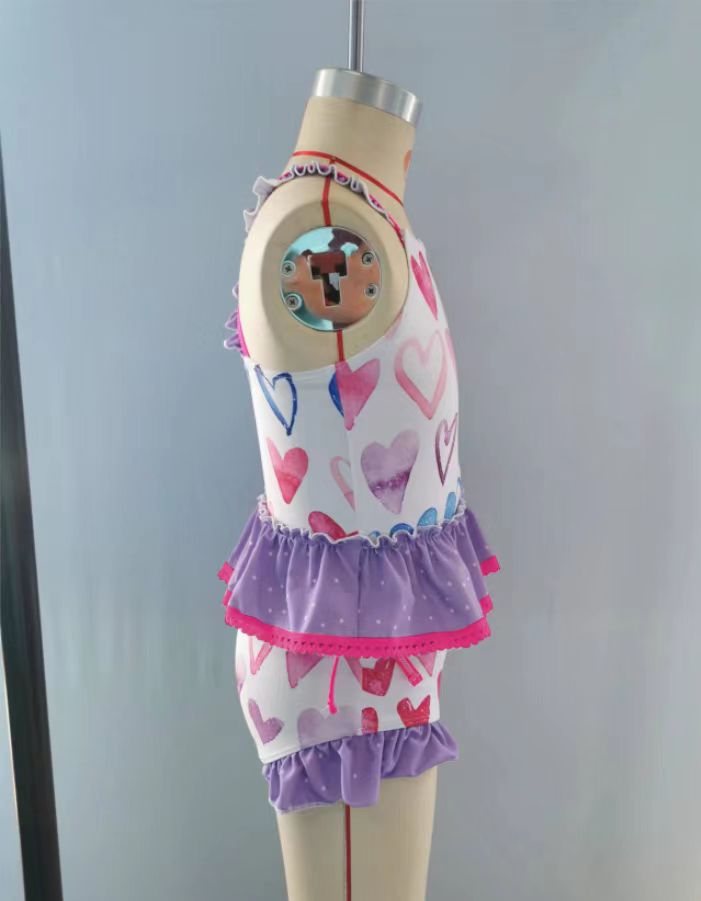 S0163 Girls Purple Heart Print Ruffles 2 Pieces Swimsuits