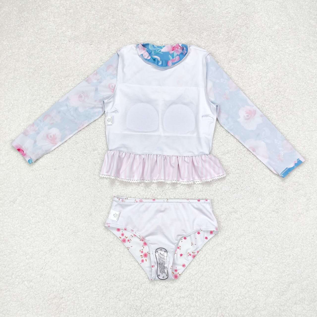 S0168 Flowers Print Pink Stripes Ruffles Girls 2 Pieces Swimsuits