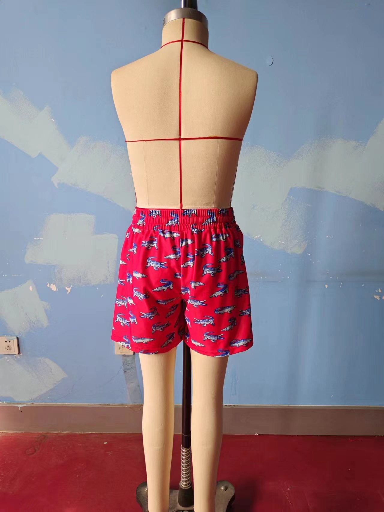 S0175 Boys Red Crocodile Print Swim Trunks