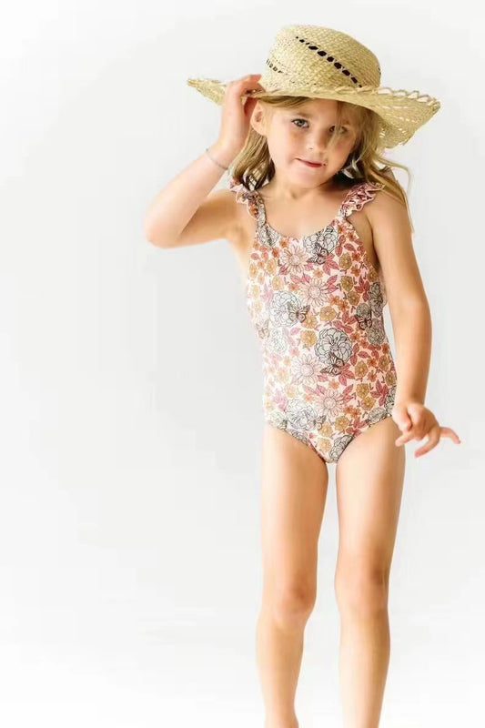 (Pre-order) S0177 Girls orange flowers butterfly print 1 piece swimsuits