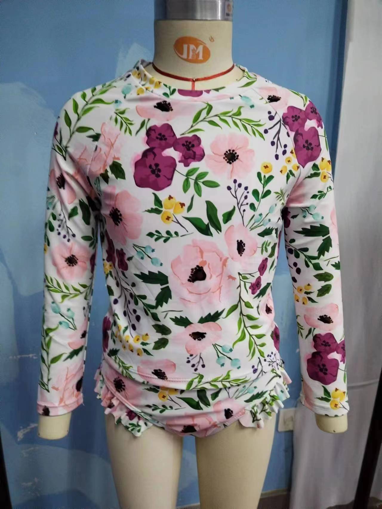 S0180 Girls Flowers Print Long Sleeve 2 Pieces Swimsuits