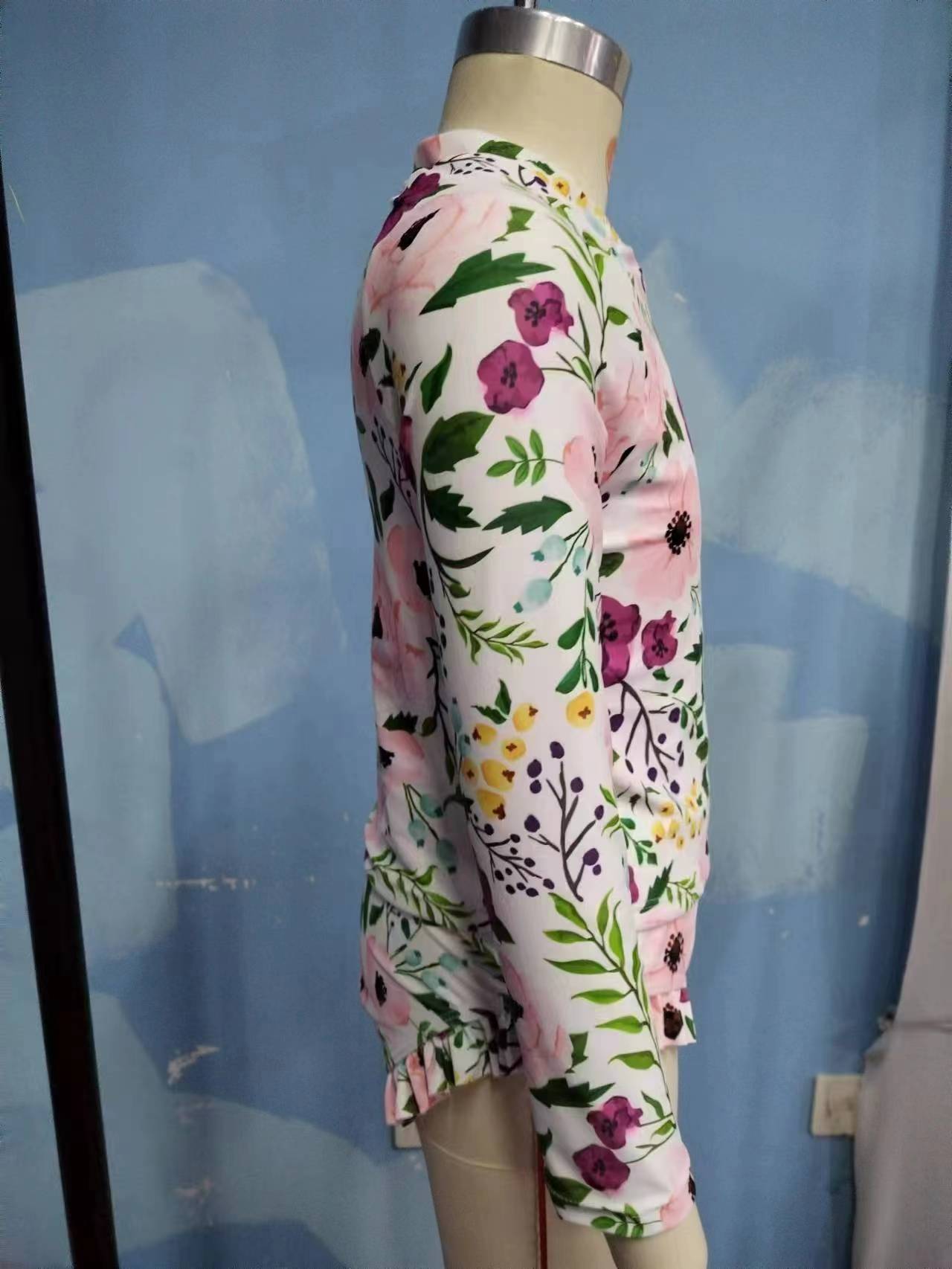 S0180 Girls Flowers Print Long Sleeve 2 Pieces Swimsuits