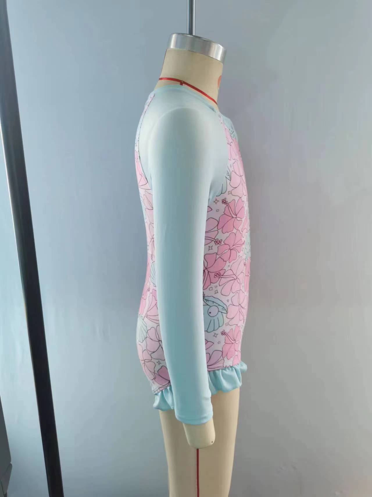 S0182 Girls Pink Flowers Blue Conch Print Long Sleeve Zipper 1 Piece Swimsuits