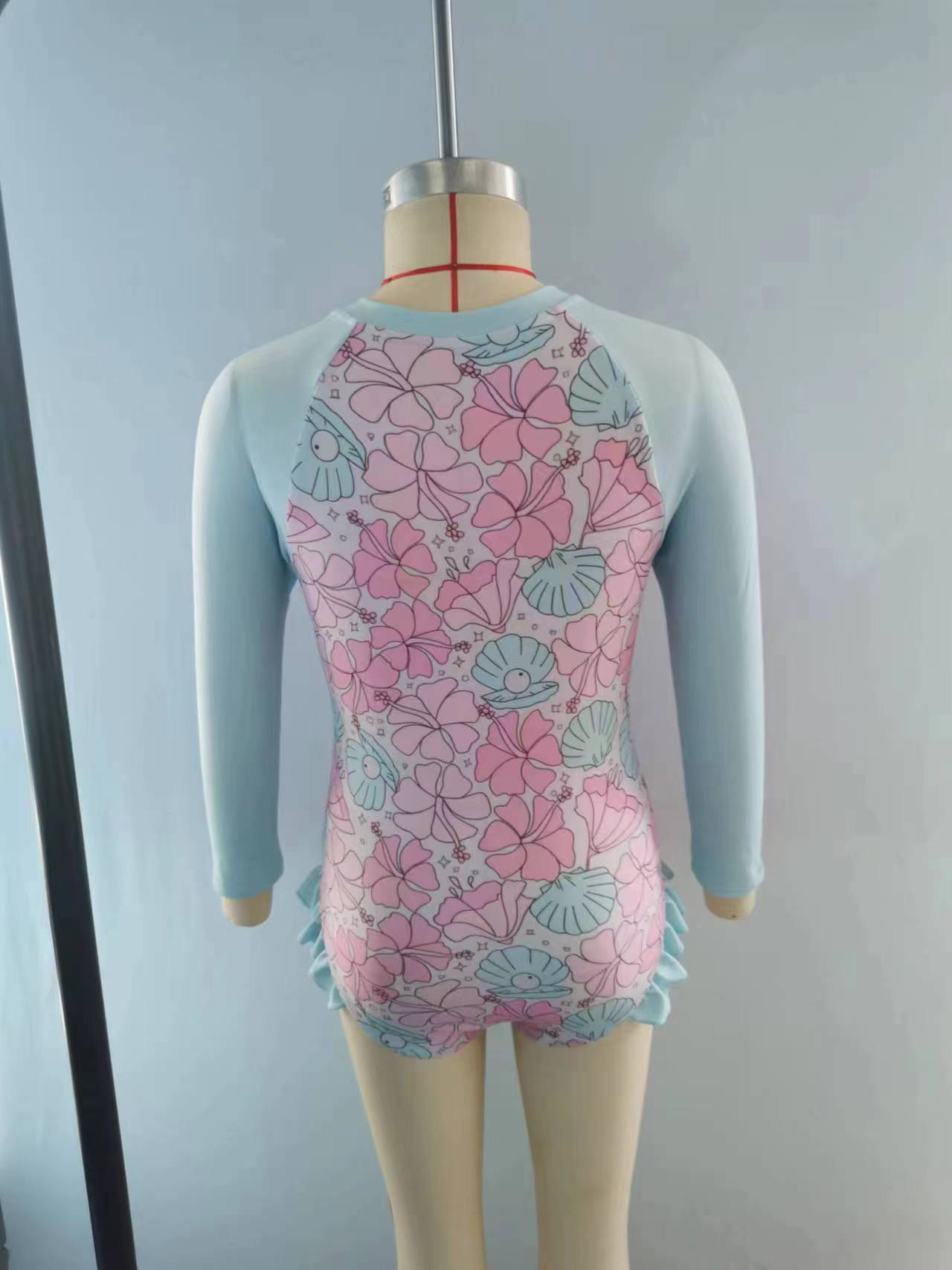 S0182 Girls Pink Flowers Blue Conch Print Long Sleeve Zipper 1 Piece Swimsuits