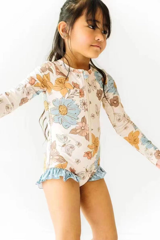(Pre-order) S0183 Girls long sleeve pink flowers print 1 piece swimsuits