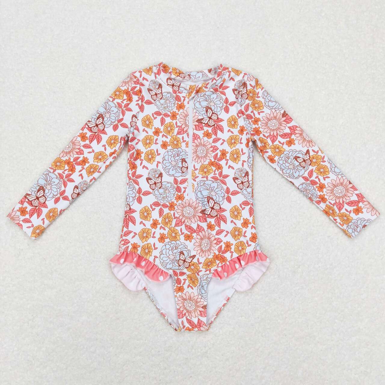 S0184 Girls Long Sleeve Flowers Print 1 Piece Zipper Swimsuits