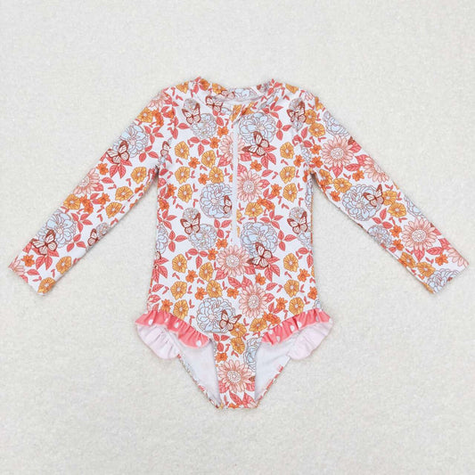 S0184 Girls Long Sleeve Flowers Print 1 Piece Zipper Swimsuits