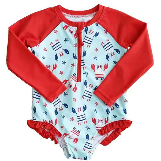 (Pre-order) S0186 Girls long sleeve crab print 1 piece zipper swimsuits