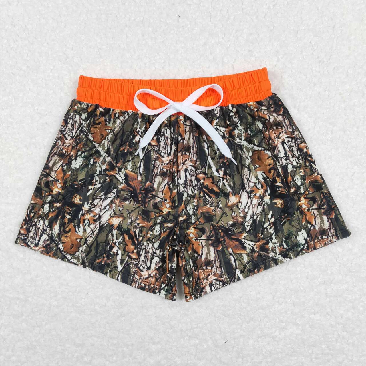 S0195 Boys Orange Camo Branch Print Swim Trunks