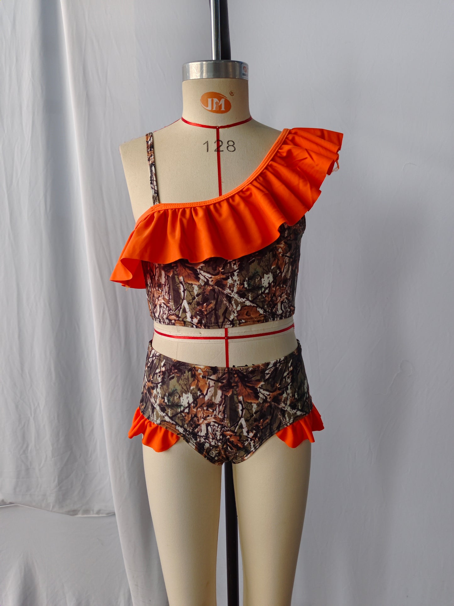 S0197 Girls Orange Camo Branch Print 2 Pieces Swimsuits