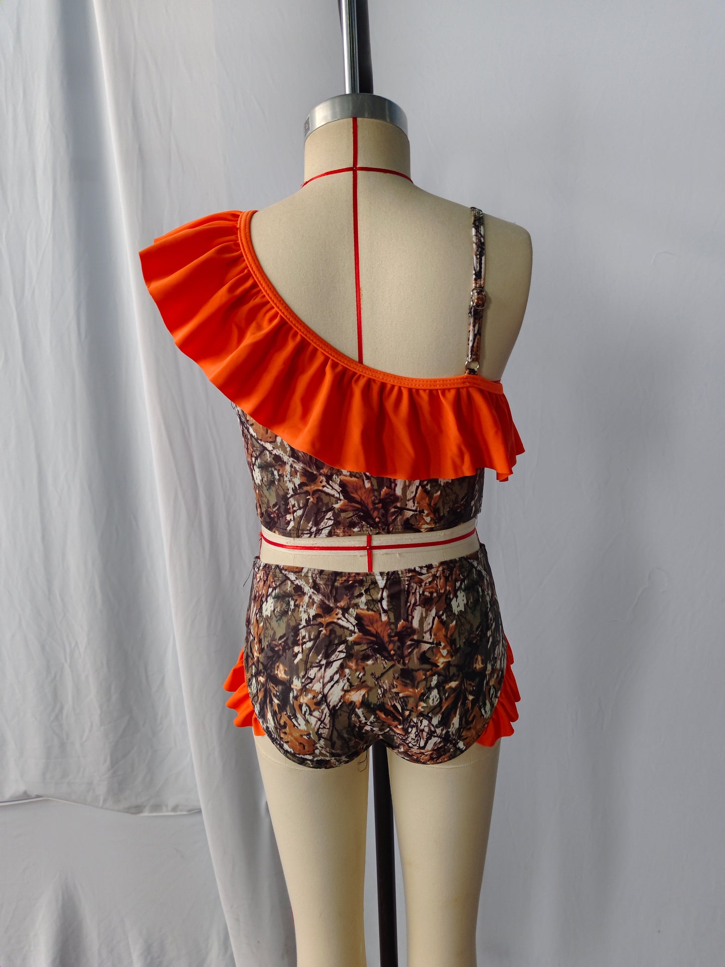 S0197 Girls Orange Camo Branch Print 2 Pieces Swimsuits