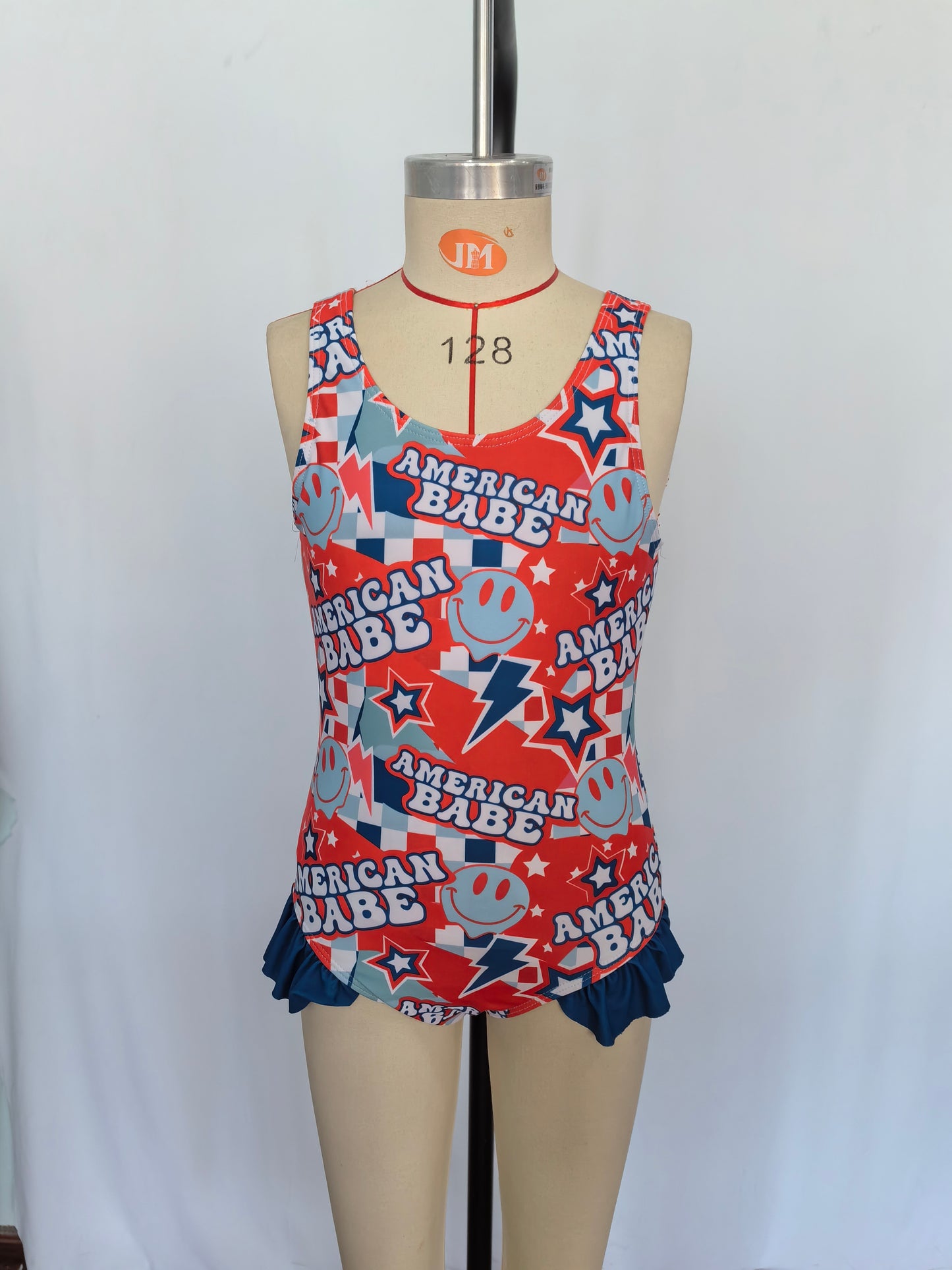 S0214 American BABE Smiling Face Print 1 Piece 4th of July Swimsuits