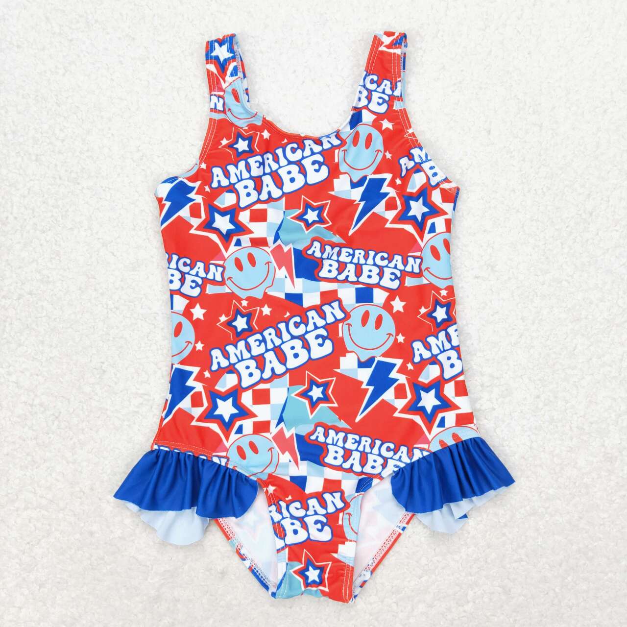 S0214 American BABE Smiling Face Print 1 Piece 4th of July Swimsuits
