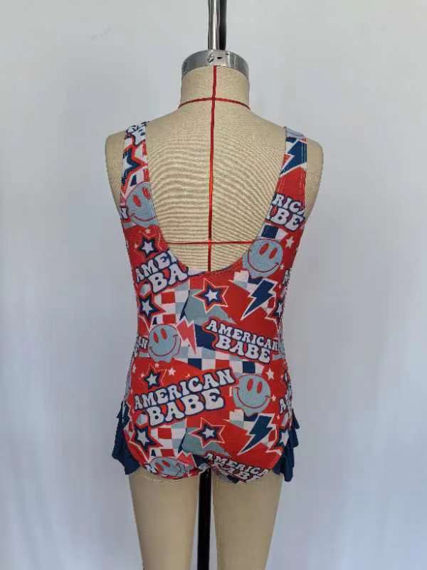 S0214 American BABE Smiling Face Print 1 Piece 4th of July Swimsuits