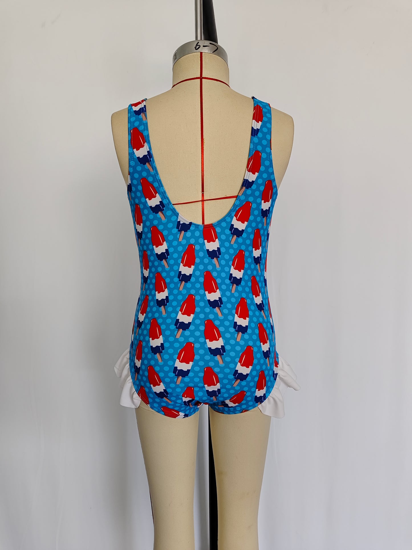 S0217 Popsicle Blue Polka Dots Print 1 Piece Girls 4th of July Swimsuits