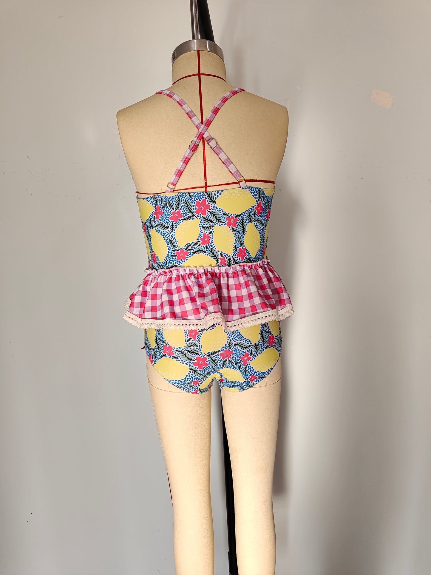 S0219 Lemon Flowers Print Girls 2 Pieces Swimsuits