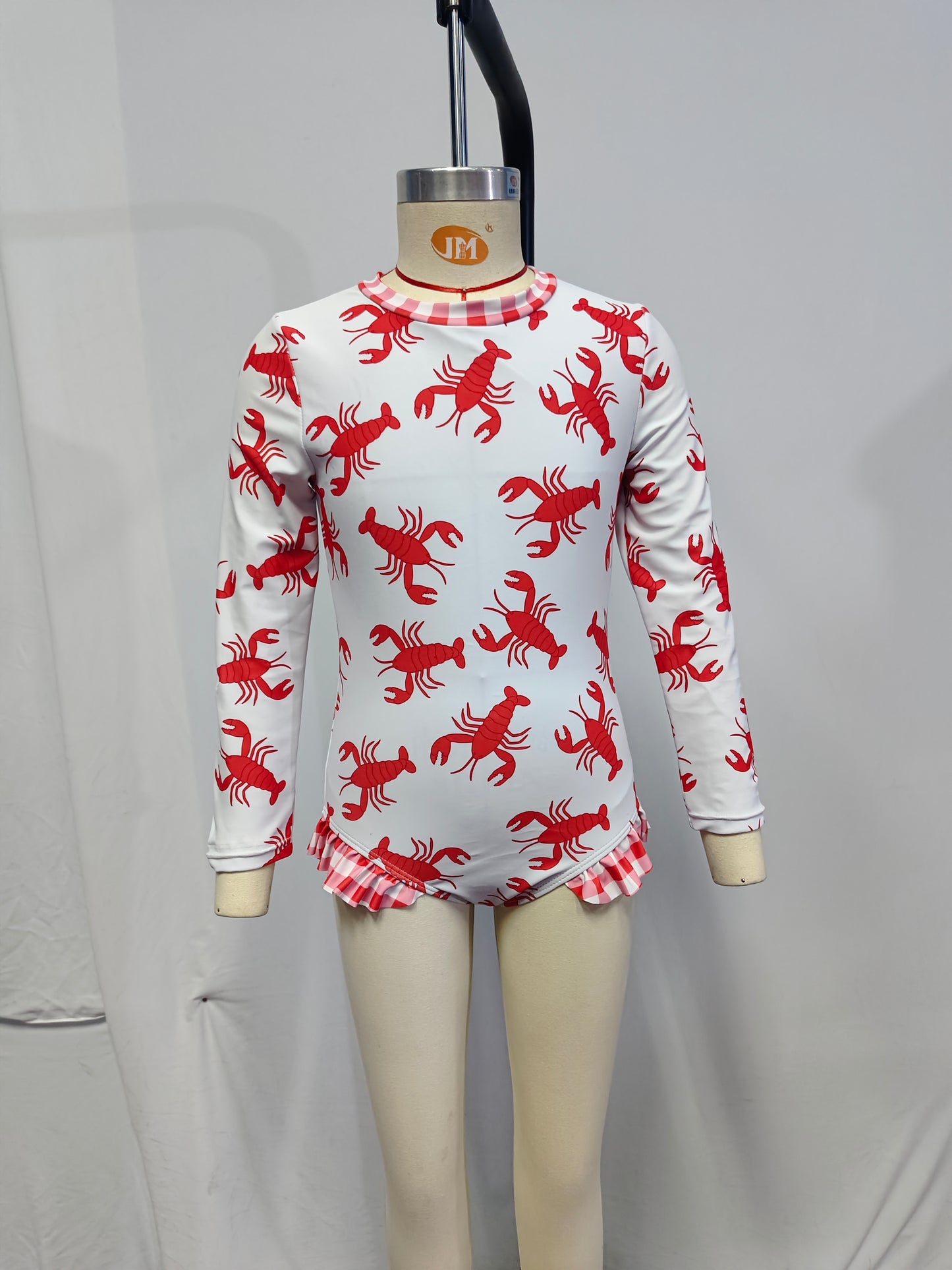 S0220 Crayfish Print Girls Long Sleeve 1 Pieces Zipper Swimsuits