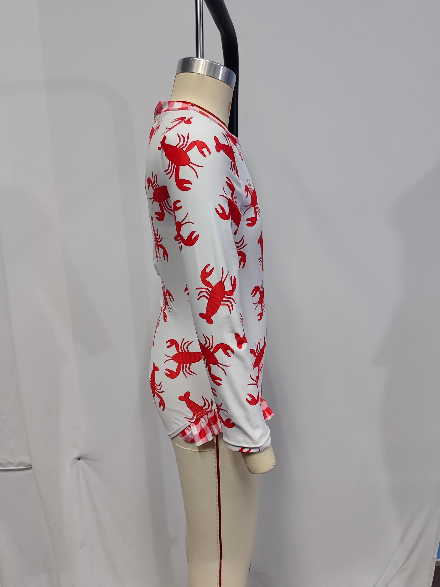 S0220 Crayfish Print Girls Long Sleeve 1 Pieces Zipper Swimsuits