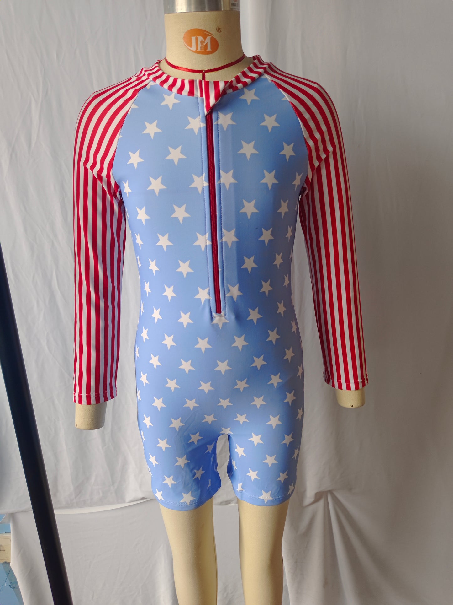 (Pre-order) S0225 Boys long sleeve star stripes print 1 piece 4th of July zipper swimsuits
