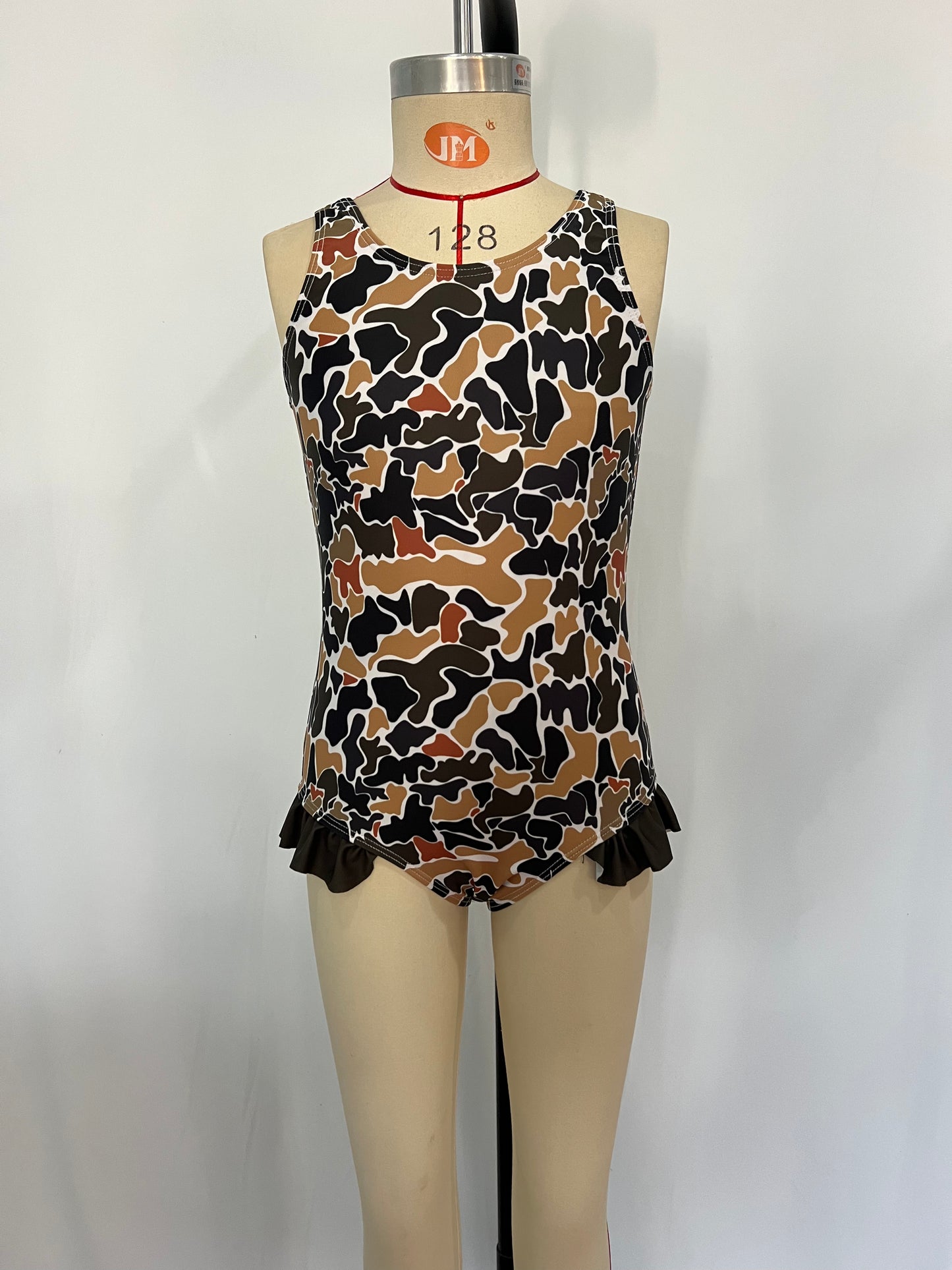 S0239 Brown Camo Print 1 Piece Girls Swimsuits