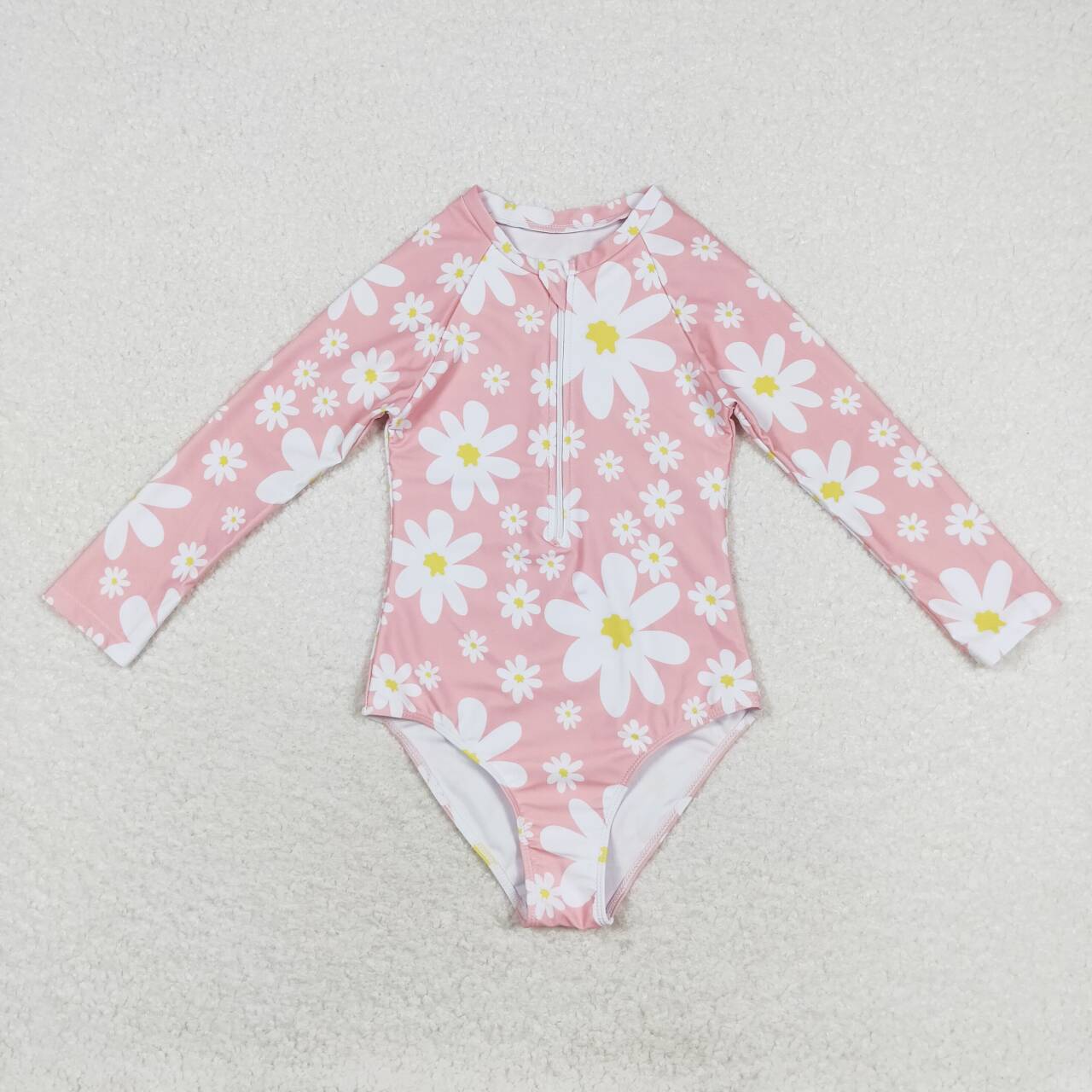 S0244 Pink Flowers Print Girls 1 Piece Long Sleeve Zipper Swimsuits