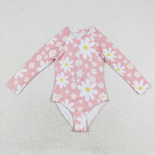 S0244 Pink Flowers Print Girls 1 Piece Long Sleeve Zipper Swimsuits