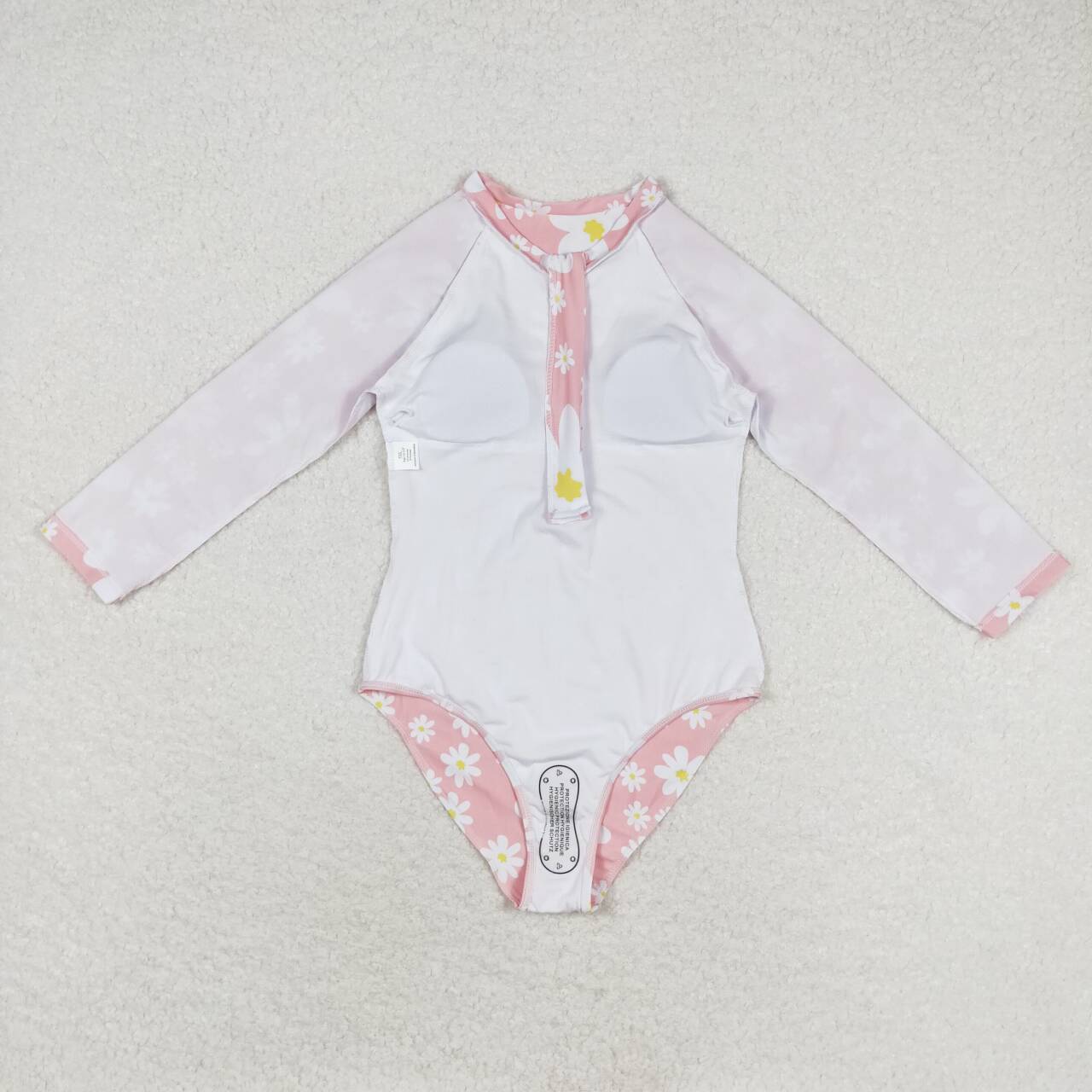 S0244 Pink Flowers Print Girls 1 Piece Long Sleeve Zipper Swimsuits
