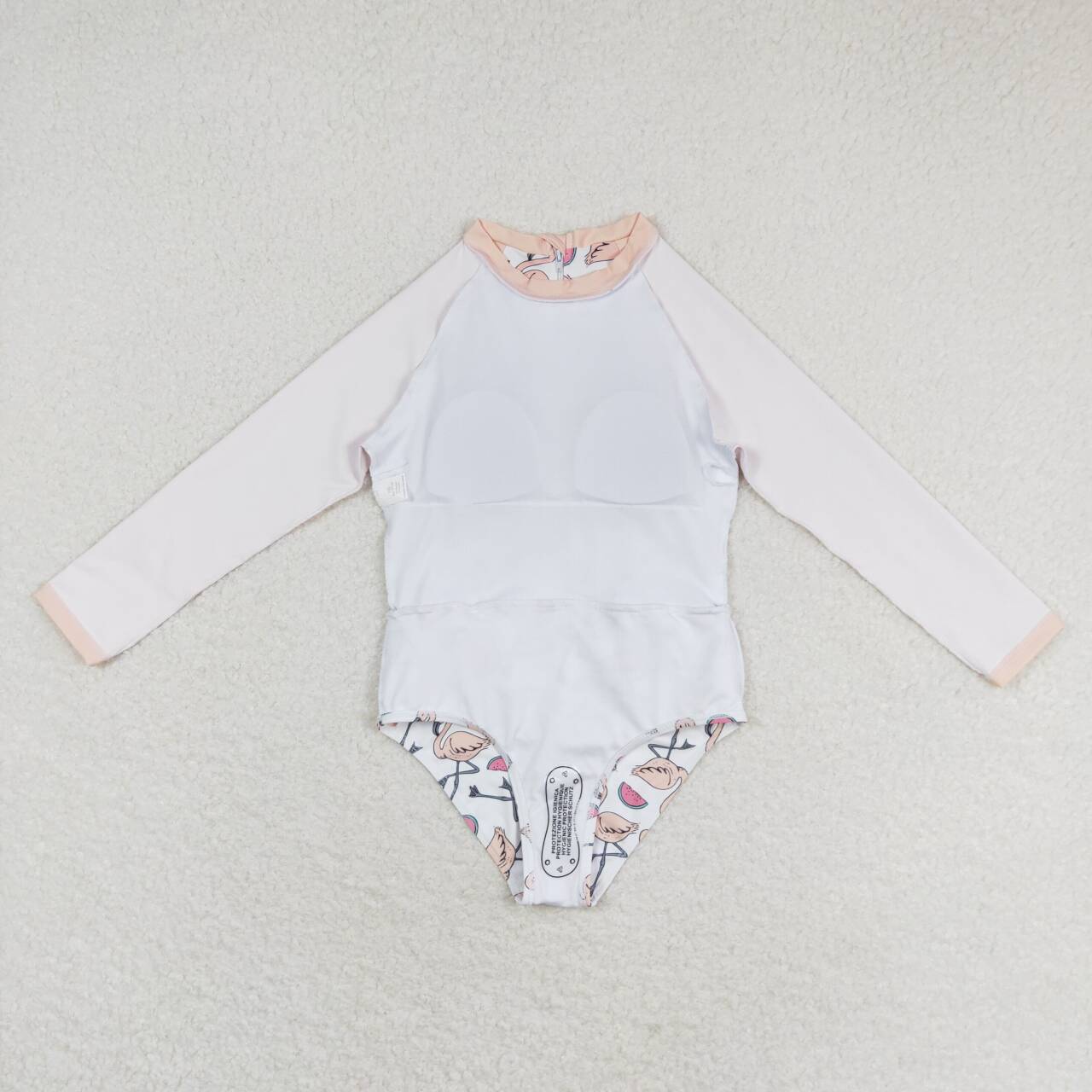 S0245 Flamingo Print Girls 1 Piece Long Sleeve Zipper Swimsuits
