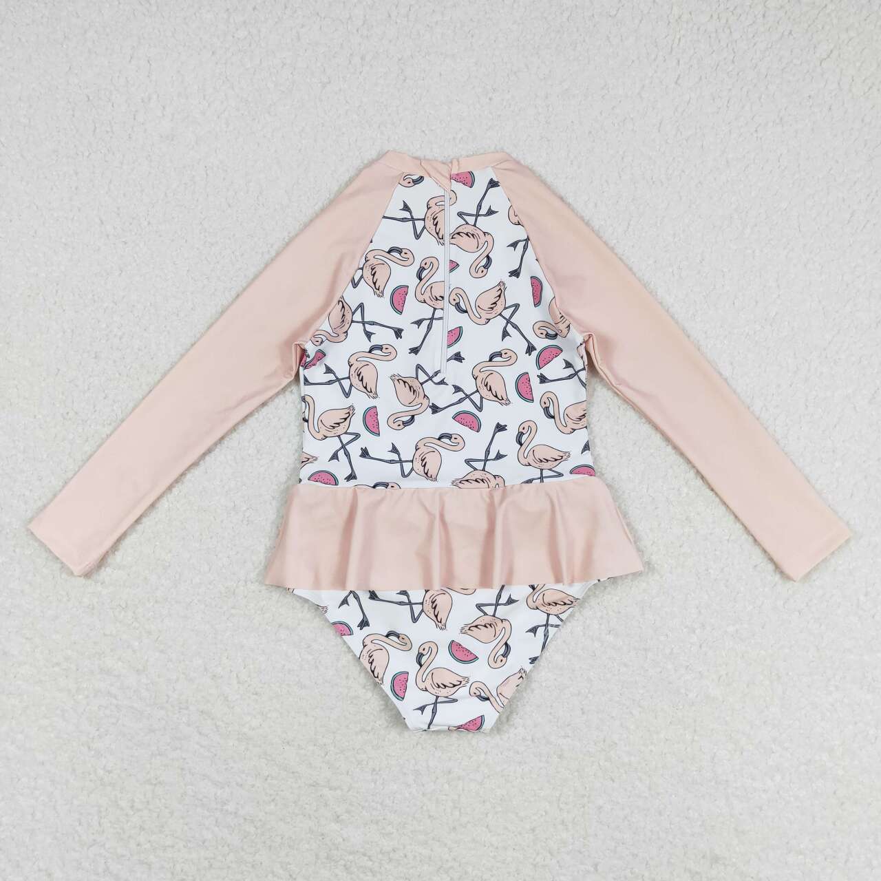 S0245 Flamingo Print Girls 1 Piece Long Sleeve Zipper Swimsuits