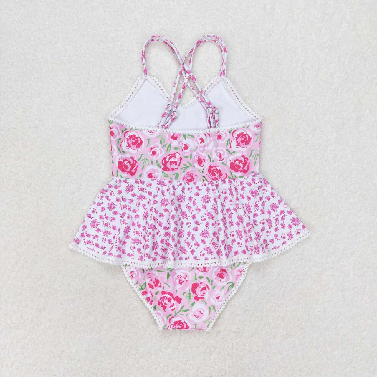 S0247 Girls Pink Flowers Print 1 Piece Swimsuits
