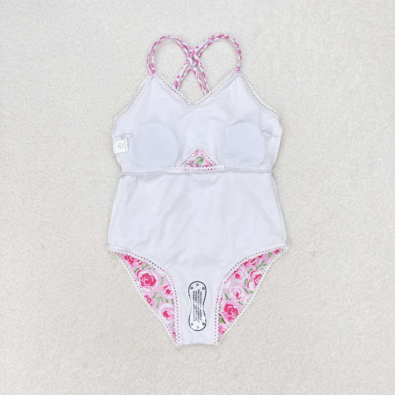 S0247 Girls Pink Flowers Print 1 Piece Swimsuits