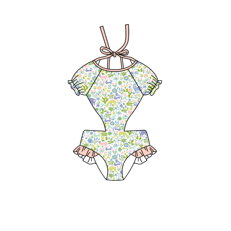 (Pre-order)S0256 Animals Flowers Print Girls 1 Piece Swimsuits