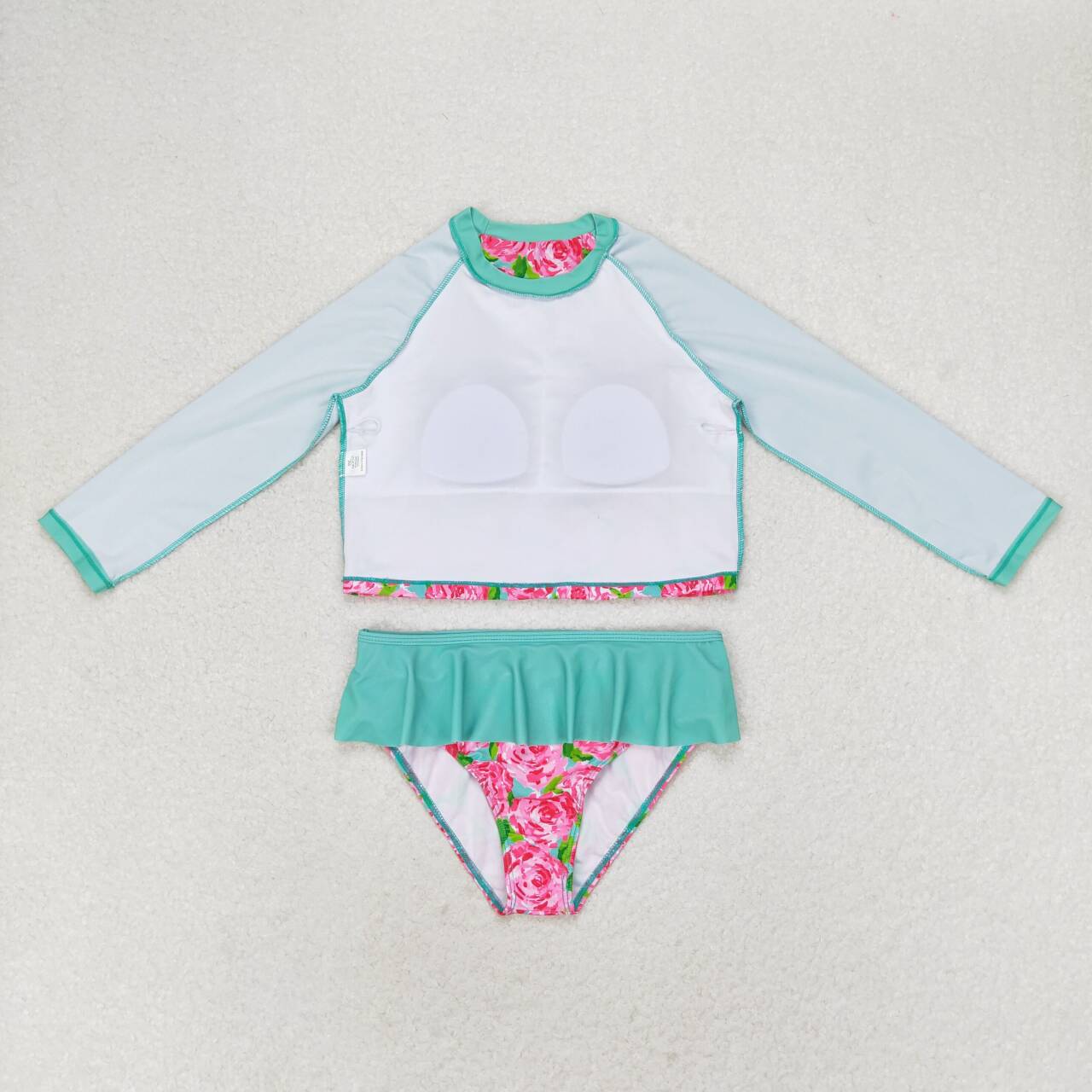 S0260 Green Flowers Print Girls 2 Pieces Long Sleeve Swimsuits