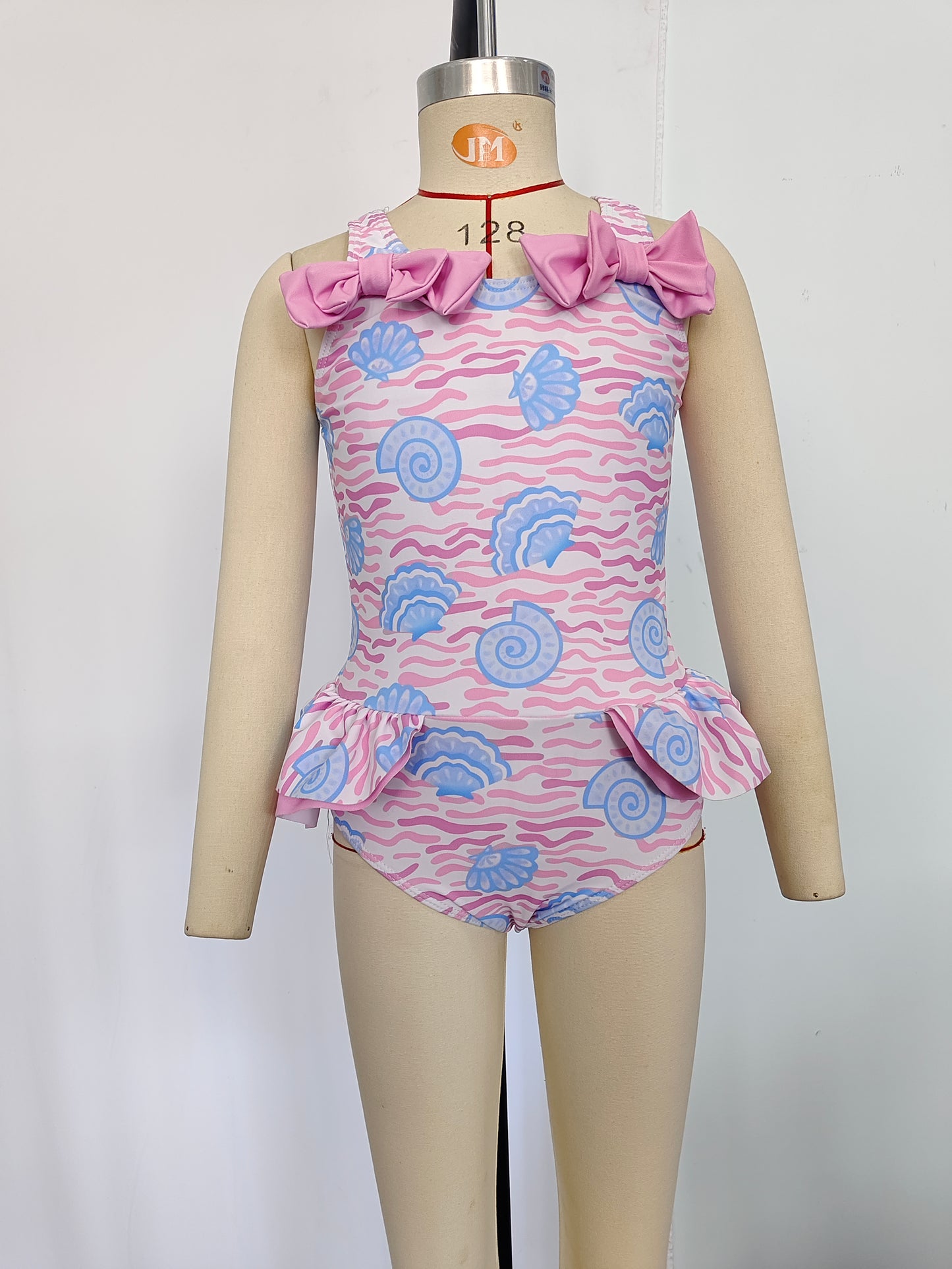 S0274 Pink Shell Print Girls 1 Piece Swimsuits