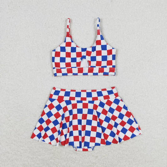 S0287 Blue Red Plaid Print Girls 2 Pieces 4th of July Swimsuits