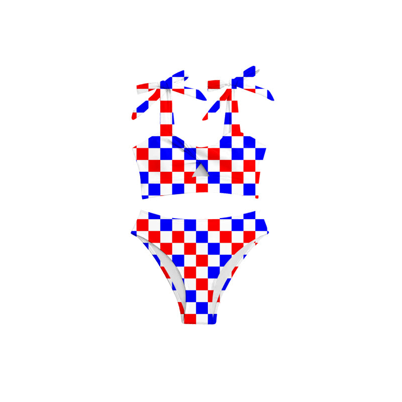 (Pre-order)S0288 Adult Blue Red Plaid Print Woman 2 Pieces 4th of July Swimsuits