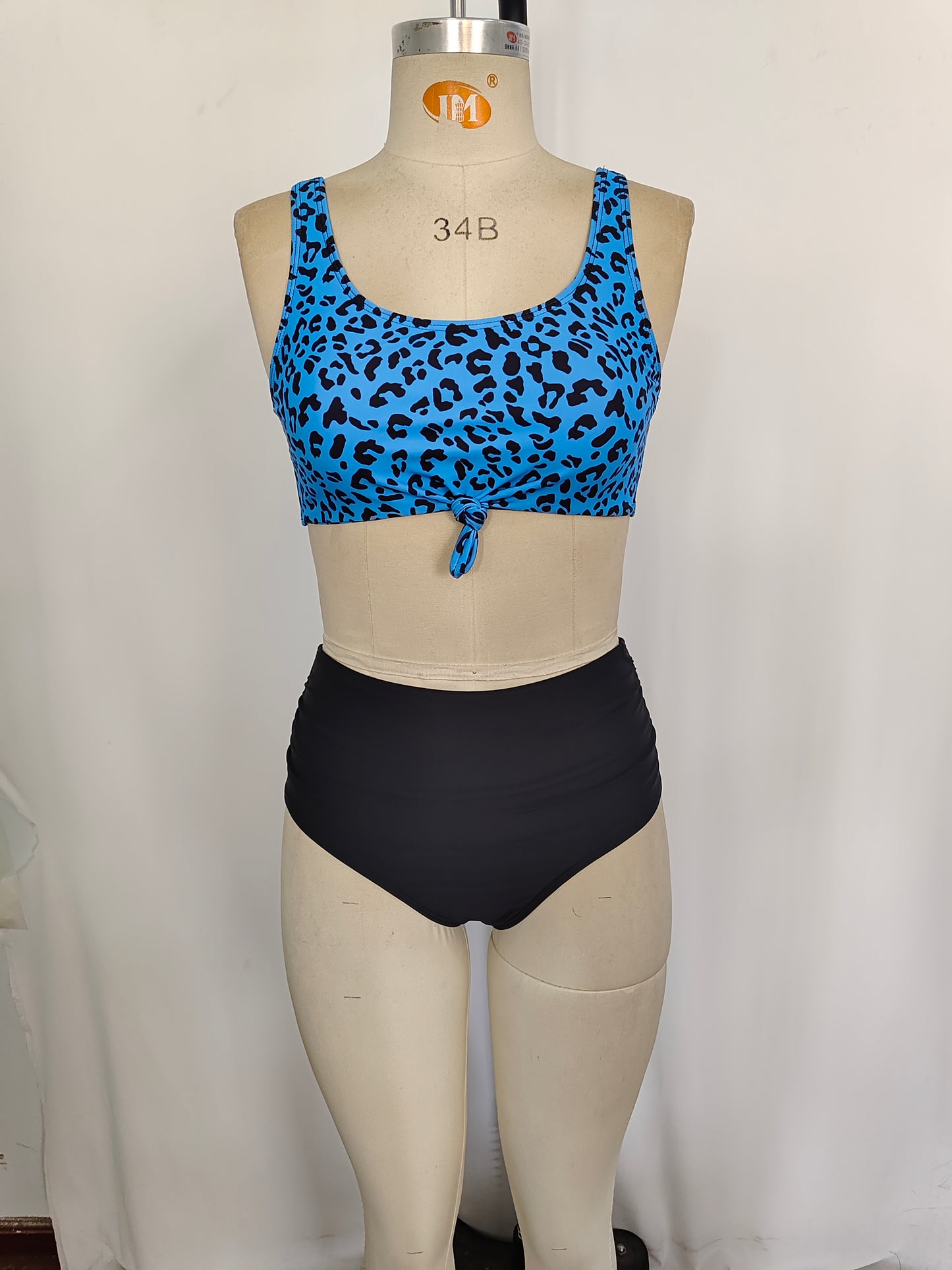 S0290 Adult Blue Leopard Top Black Trunks Woman 2 Pieces Swimsuits