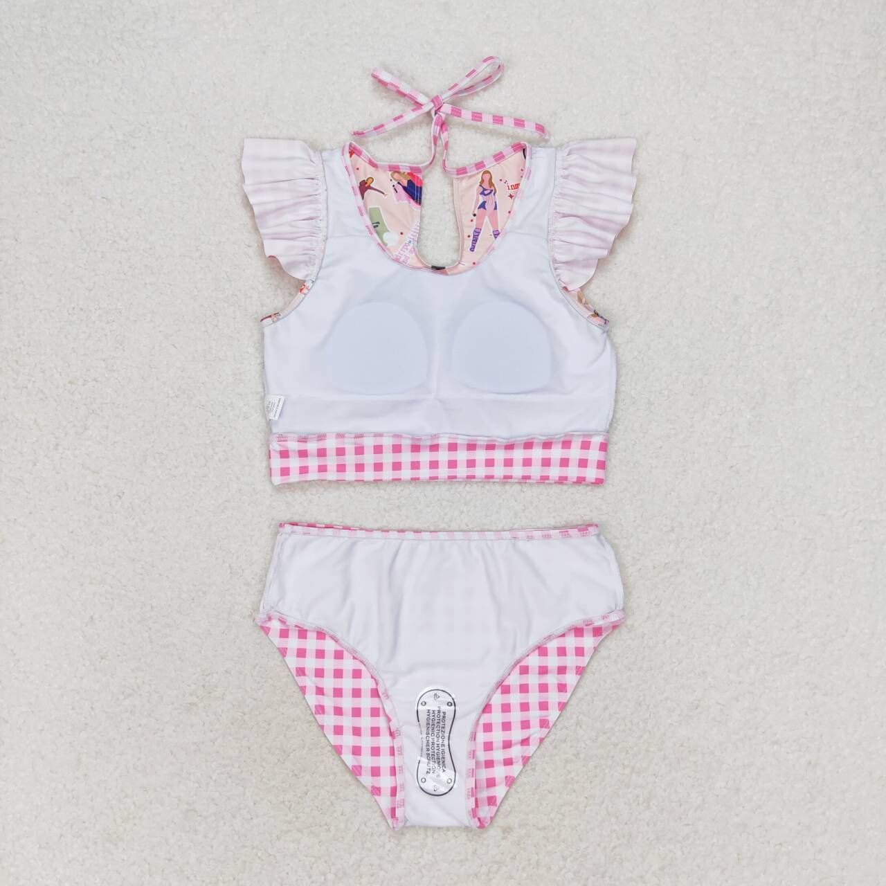 S0291 Pink Singer Swiftie Print Pink Plaid Girls 2 Pieces Swimsuits