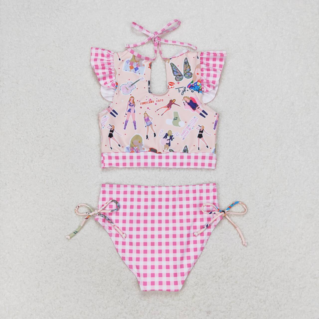 S0291 Pink Singer Swiftie Print Pink Plaid Girls 2 Pieces Swimsuits