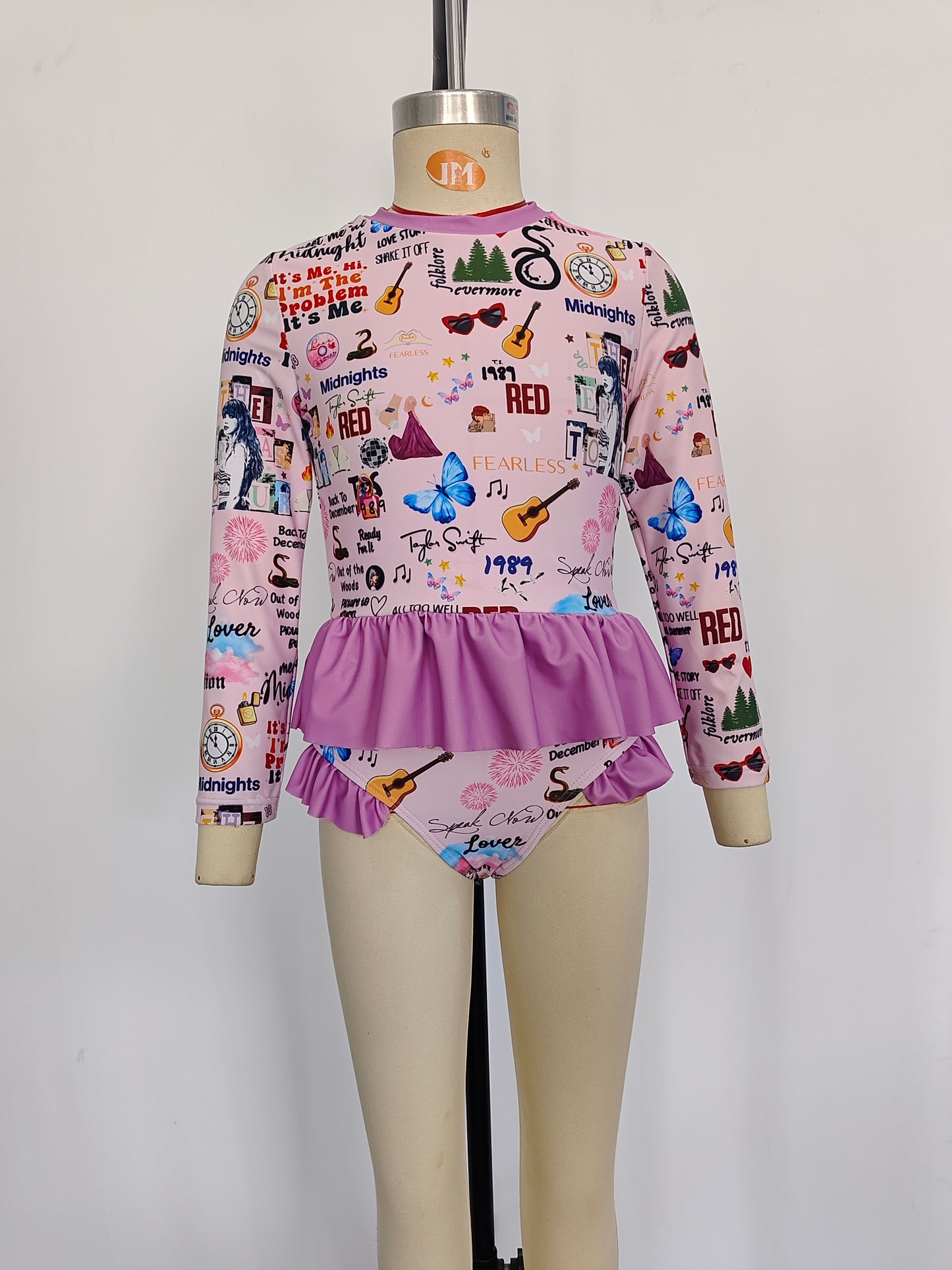 S0292 Singer Swiftie Purple Print Girls Long Sleeve 2 Pieces Swimsuits