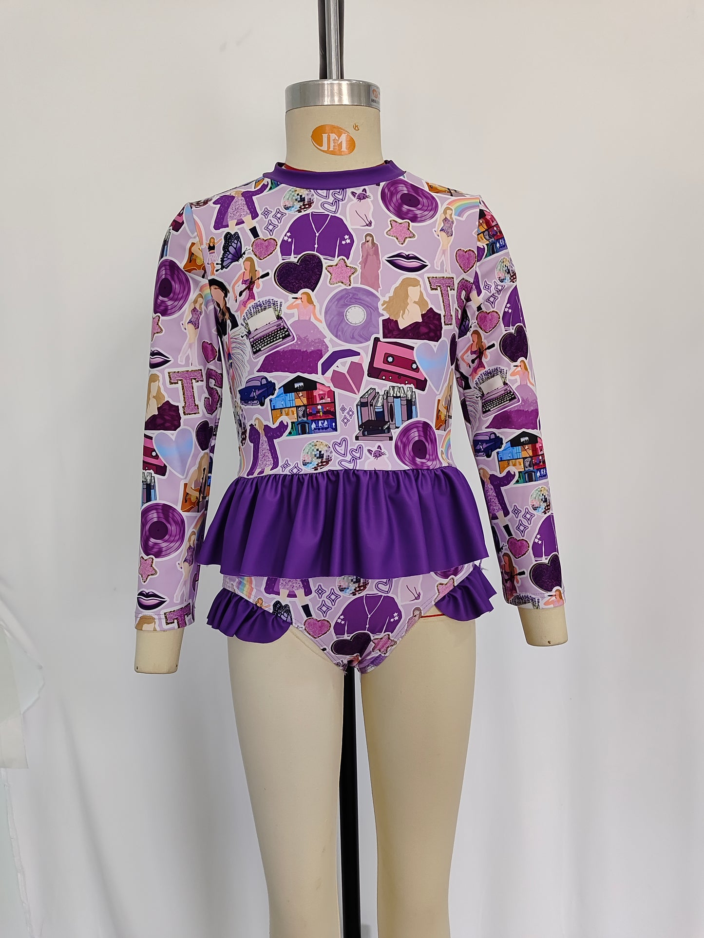 S0294 Purple Singer Swiftie Print Girls 2 Pieces Long Sleeve Swimsuits