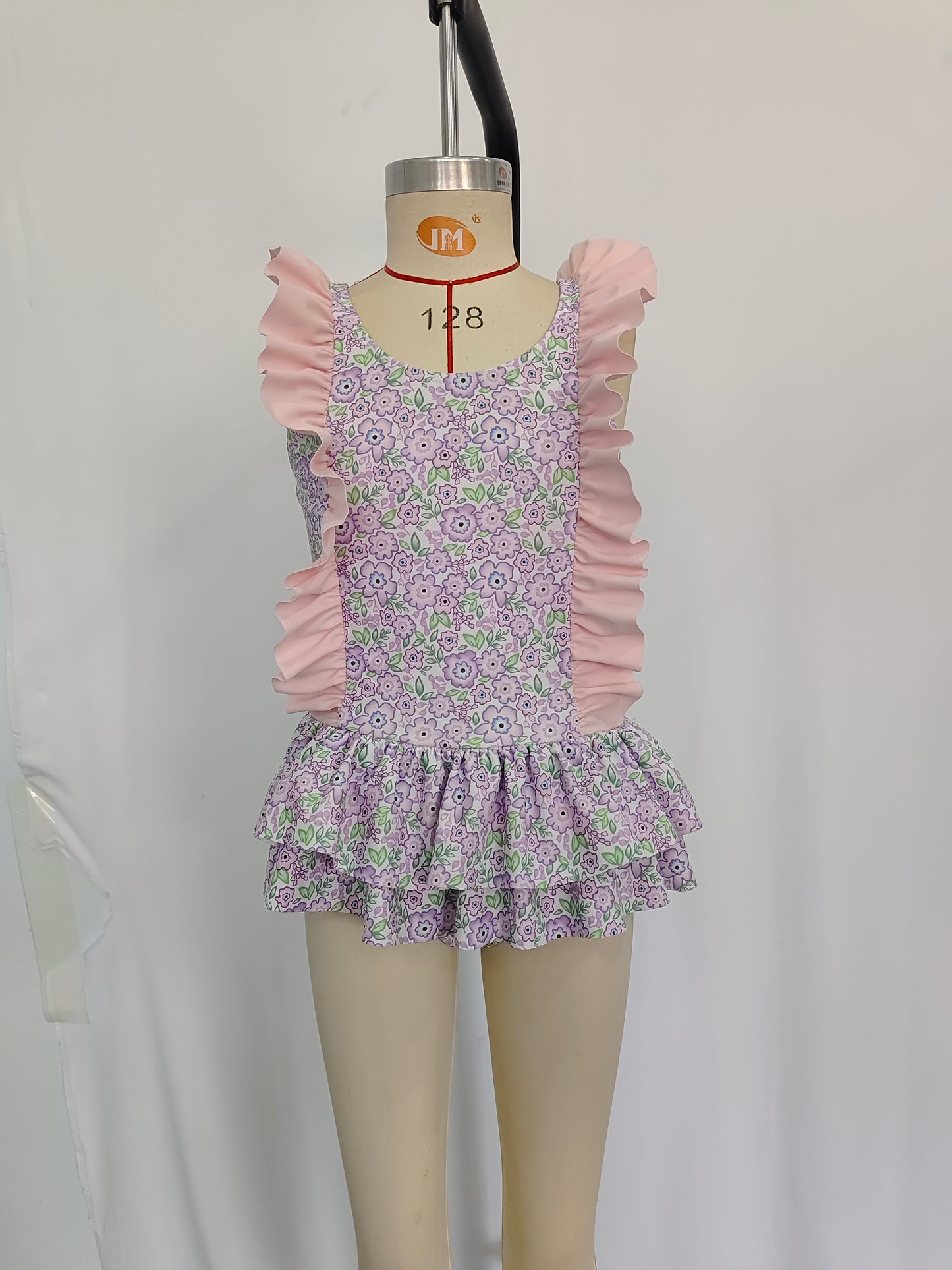 S0331 Pink Flowers Print Ruffles Girls 1 Piece Swimsuits
