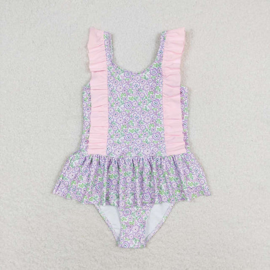 S0331 Pink Flowers Print Ruffles Girls 1 Piece Swimsuits