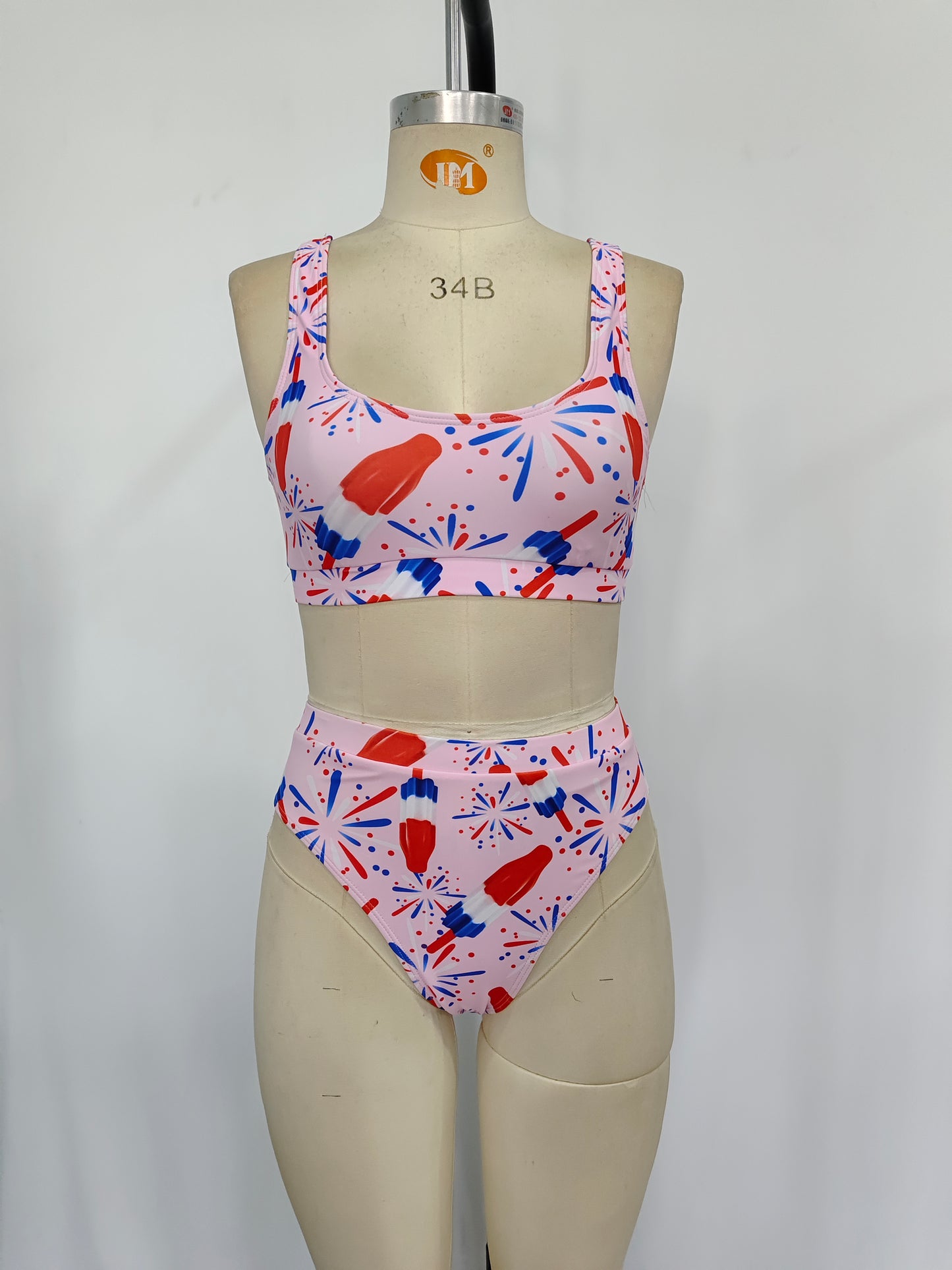 S0334 Adult Fireworks Popsicle Pink Print Woman 2 Pieces 4th of July Swimsuits