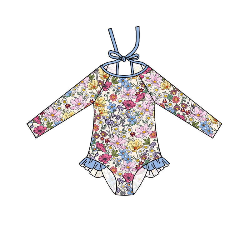 (Pre-order)S0350 Colorful Flowers Print Girls 1 Piece Long Sleeve Swimsuits
