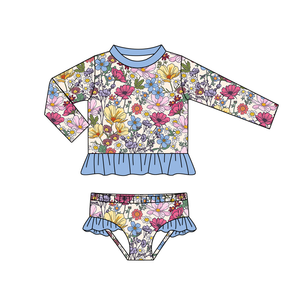 (Pre-order)S0351 Colorful Flowers Print Girls 2 Pieces Long Sleeve Swimsuits