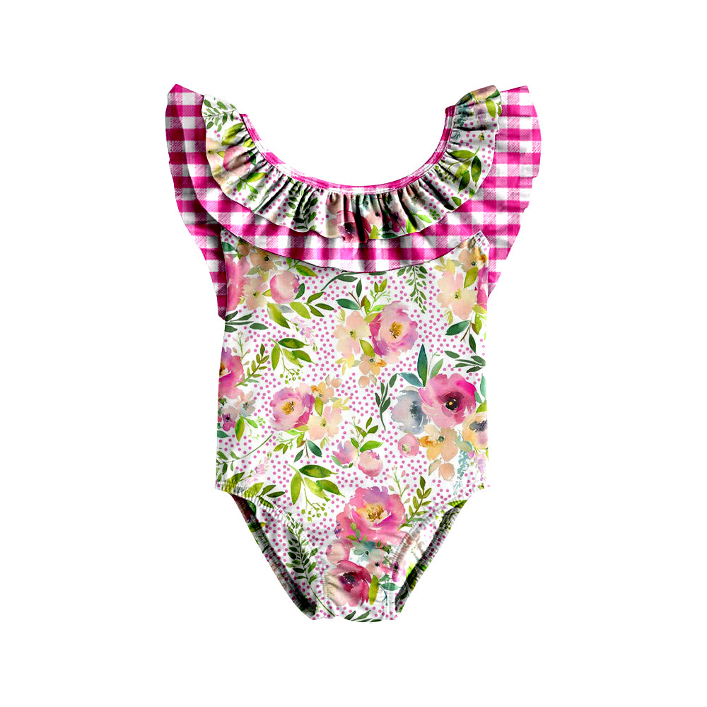 (Pre-order)S0369 Colorful Flowers Print Ruffles Girls 1 Piece Swimsuits