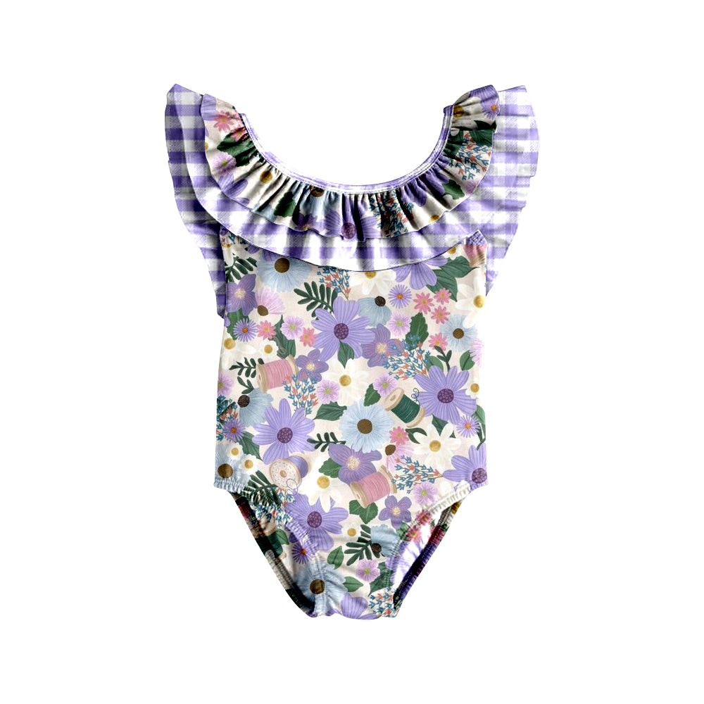 (Pre-order)S0371 Purple Flowers Print Ruffles Girls 1 Piece Swimsuits