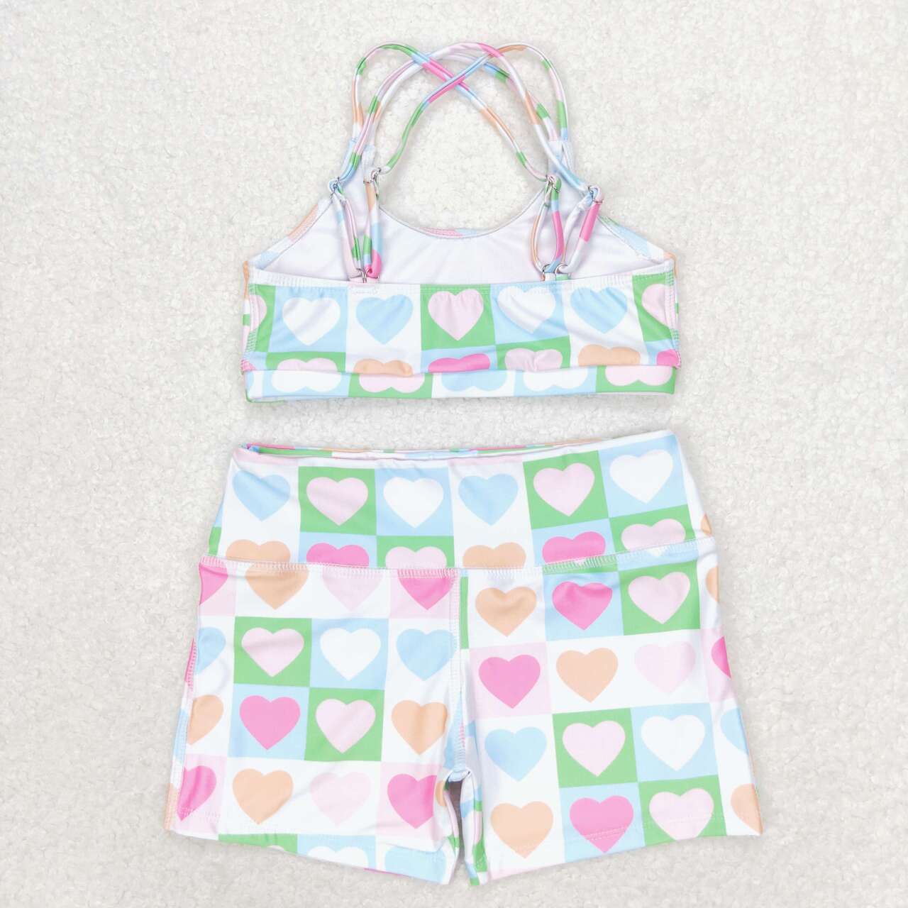 S0373 Colorful Heart Plaid Print Girls 2 Pieces Vests Swimsuit