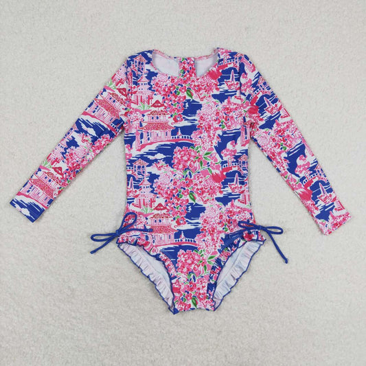 S0376  Flowers Print Girls 1 Piece Long Sleeve Zipper Swimsuits